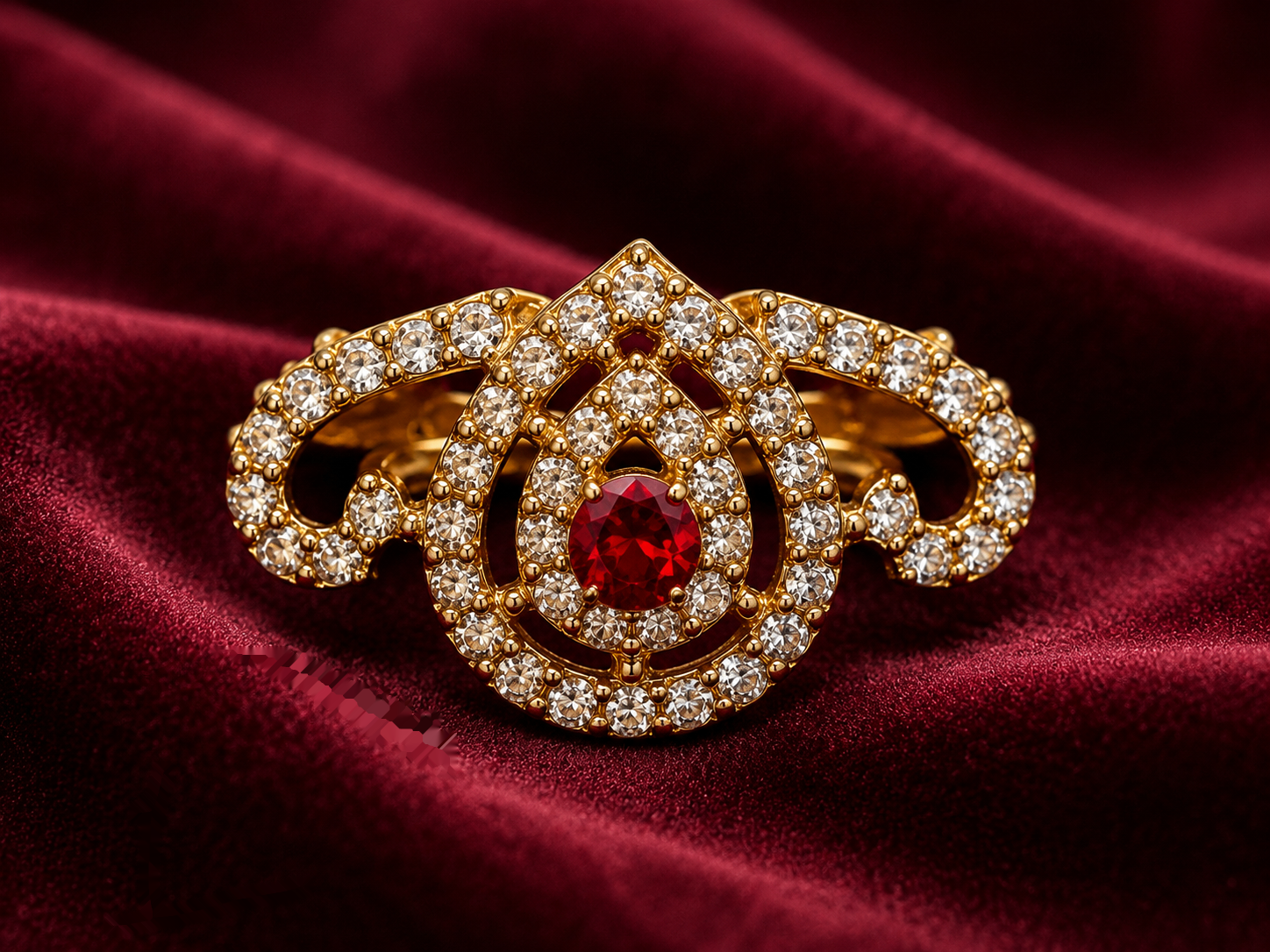 Gold-toned crown brooch with red centre stone and crystal detailing