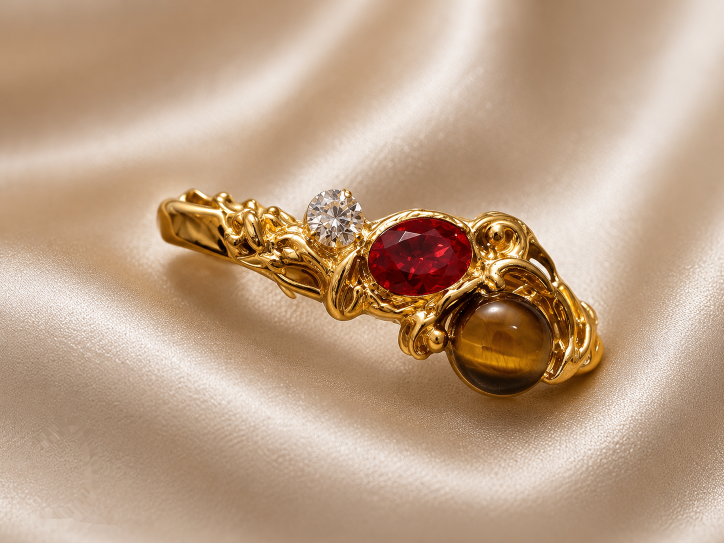 Gold-toned brooch with red and tiger-eye toned stones